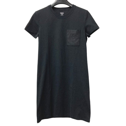 HERMES Short Sleeve Shirt Dress with Embroidered Mosaic H Logo and Pocket, Round Neck, Cotton, Women's, Black