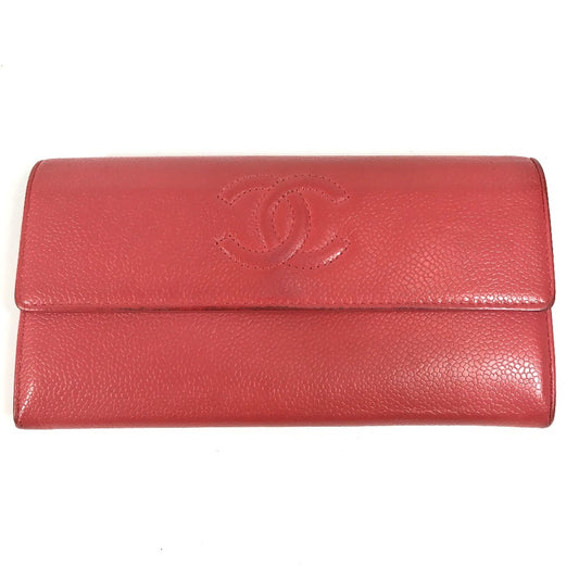 CHANEL CC ココマーク ロゴ ロングウォレット フラップ 長財布 キャビアスキン ユニセックス レッド系