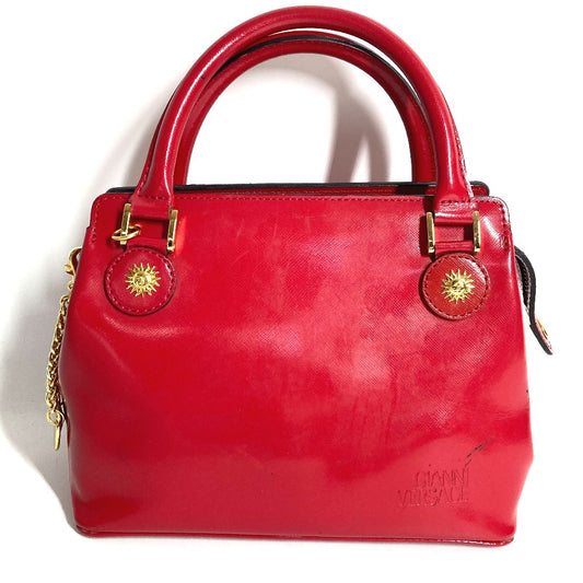 VERSACE vintage Sunburst logo Bag, Tote Bag, Chain Charm, Key Holder Included Hand Bag Leather Red Used