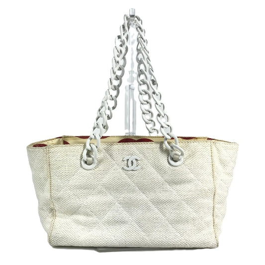 CHANEL Wチェーン 携帯ポーチ付き ロゴ マトラッセ キルティング 肩掛け トートバッグ プラスチックチェーン ショルダーバッグ 麻 レディース ホワイト