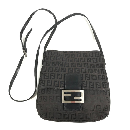 FENDI Zucca Logo Bag Flap Crossbody Pochette Shoulder Bag Leather/Canvas Unisex Black