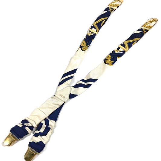 HERMES vintage Logo Apparel, Fashion Accessories suspenders silk / Leather Navy/White Used