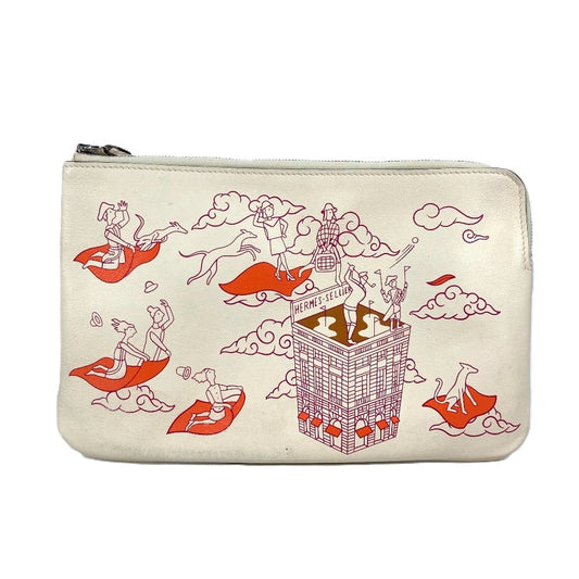 HERMES カレ ポケット ロング 小物入れ フラットポーチ カバン クラッチバッグ ポーチ レザー レディース アイボリー系