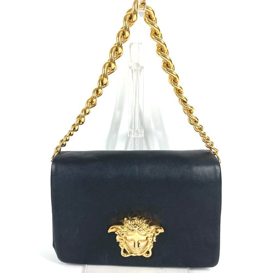 VERSACE ロゴ メデューサ ビッグ 立体 カバン ハンドバッグ 肩掛け フラップ チェーンバッグ ショルダーバッグ レザー レディース ブラック