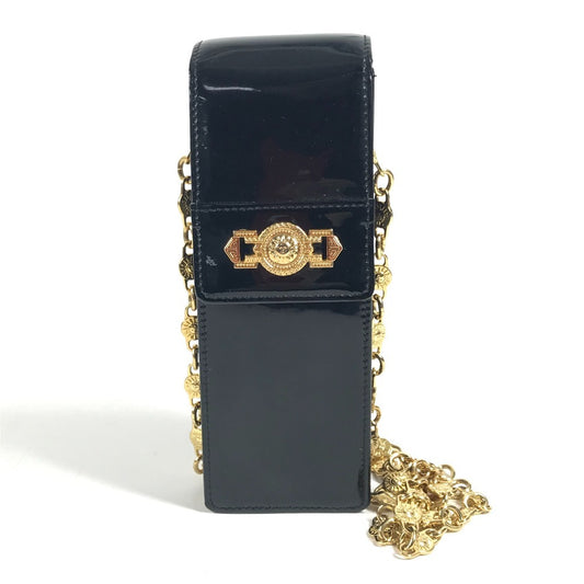 VERSACE ヴィンテージ サンバースト ロゴ 携帯ポーチ カバン 斜め掛け ポシェット フラップ チェーンバッグ ショルダーバッグ エナメル ユニセックス ブラック