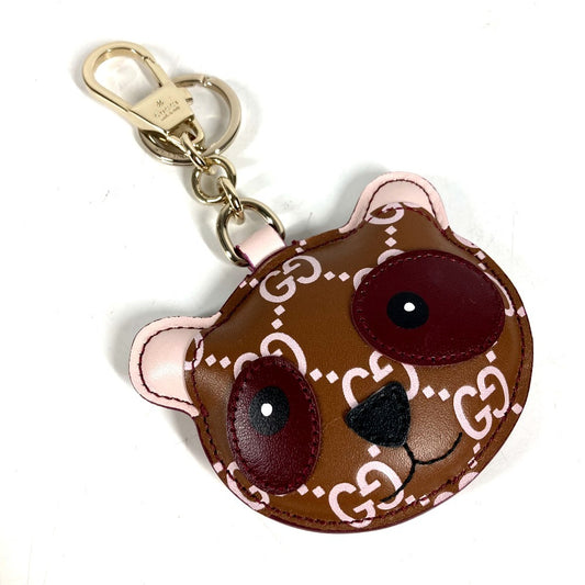 GUCCI 821890 GGエンブレム パンダ シェイプ チャーム バッグチャーム キーホルダー レザー ユニセックス ブラウン