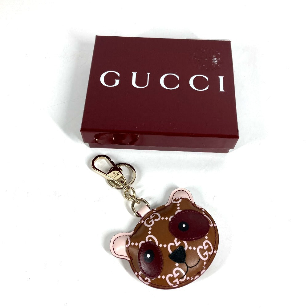 GUCCI 821890 GGエンブレム パンダ シェイプ チャーム バッグチャーム キーホルダー レザー ユニセックス ブラウン