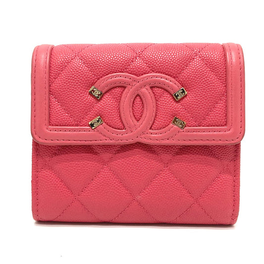 CHANEL AP0375 CC フィリグリー マトラッセ 中長財布 3つ折り財布 キャビアスキン レディース ピンク系
