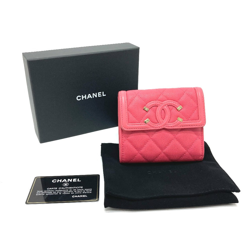 CHANEL AP0375 CC Filigree Matelasse Medium-Long Wallet, Tri-Fold Wallet, Caviar Leather, Women's, Pink