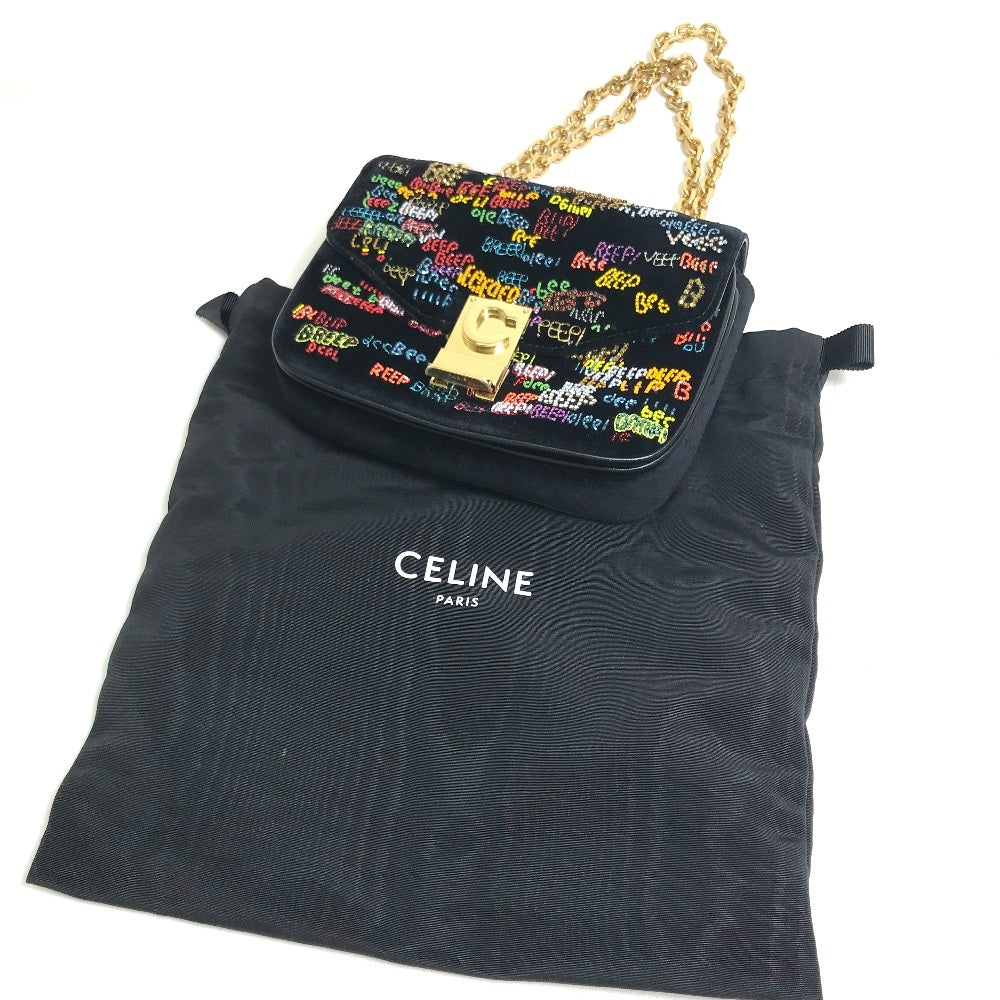 CELINE Small C Multi-Bead Chain Shoulder Bag in Suede, Women's, Black and Multicolor