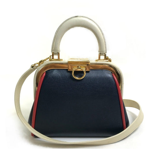 Christian Dior トリコロール ヴィンテージ がま口 カバン 2WAYショルダーバッグ 肩掛け ハンドバッグ レザー レディース ネイビー×ホワイト系×レッド