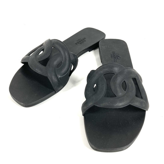 HERMES Shoes Aloha Logo Beach Sandals Flat Sandals Rubber Women's Black