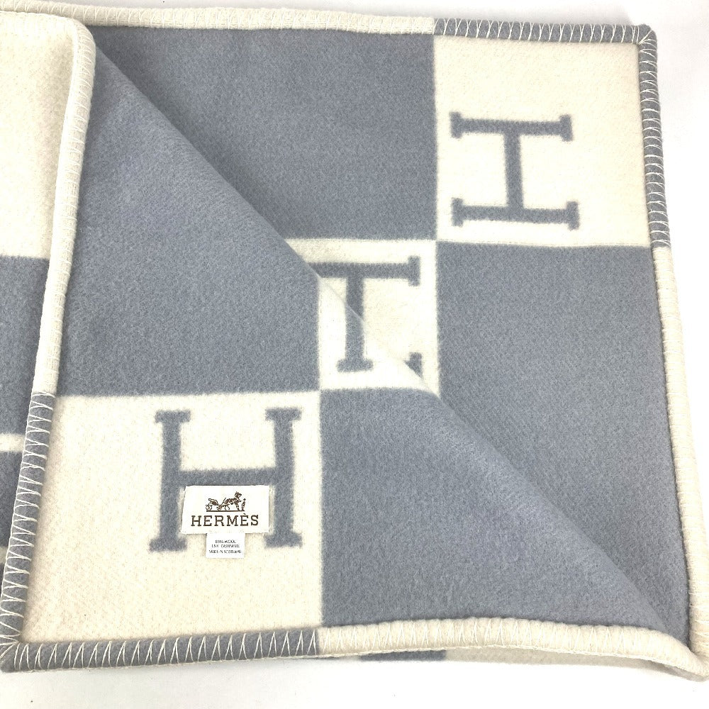 HERMES Avalon Plaid Logo Goods Blanket Interior Lap Blanket Plaid Blanket Wool/Cashmere Unisex Blue