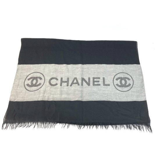CHANEL バイカラー ロゴ フリンジ マフラー ショール 大判 ストール カシミヤ ユニセックス ブラック