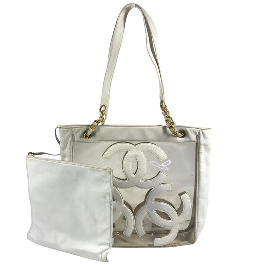 CHANEL ヴィンテージ CC ココマーク ロゴ トリプルココ Wチェーン カバン 肩掛け トートバッグ ポーチ付き ショルダーバッグ ビニール/レザー ユニセックス ホワイト