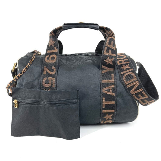 FENDI Vintage Logo Mini Boston Bag, Crossbody Bag, Handbag, Cylinder-shaped Shoulder Bag, Nylon, Unisex, Black