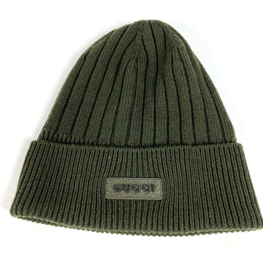 GUCCI 811344 Logo Beanie Hat Knit Cap Wool Unisex Khaki