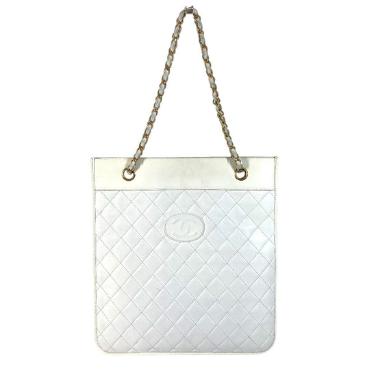 CHANEL ヴィンテージ CC ココマーク ロゴ フラット キルティング マトラッセ カバン 肩掛け Wチェーン トートバッグ 縦型 ショルダーバッグ レザー ユニセックス ホワイト