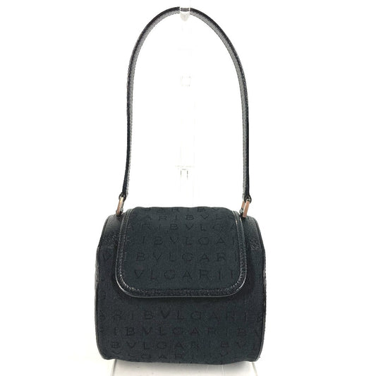 BVLGARI ブルガリブルガリ ロゴ カバン フラップ ドラム型 ショルダーバッグ 肩掛け ハンドバッグ レザー/キャンバス レディース ブラック