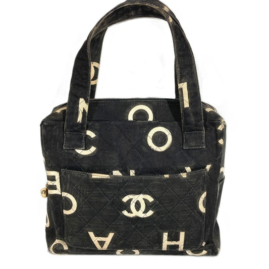 CHANEL ヴィンテージ 総柄 アイコン CC ココマーク ロゴ カバン トートバッグ ハンドバッグ キャンバス レディース ブラック