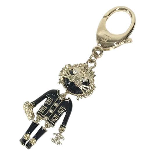 CHANEL 22P Lion Camellia Logo Animal Rhinestone Charm Bag Charm Key Holder Metal Black/Gold Used