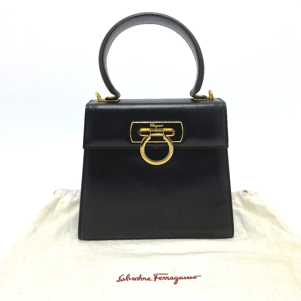 Salvatore Ferragamo BX-212193 Gancini Square Bag, 2-Way Handbag/Shoulder Bag, Leather, Black, Women's