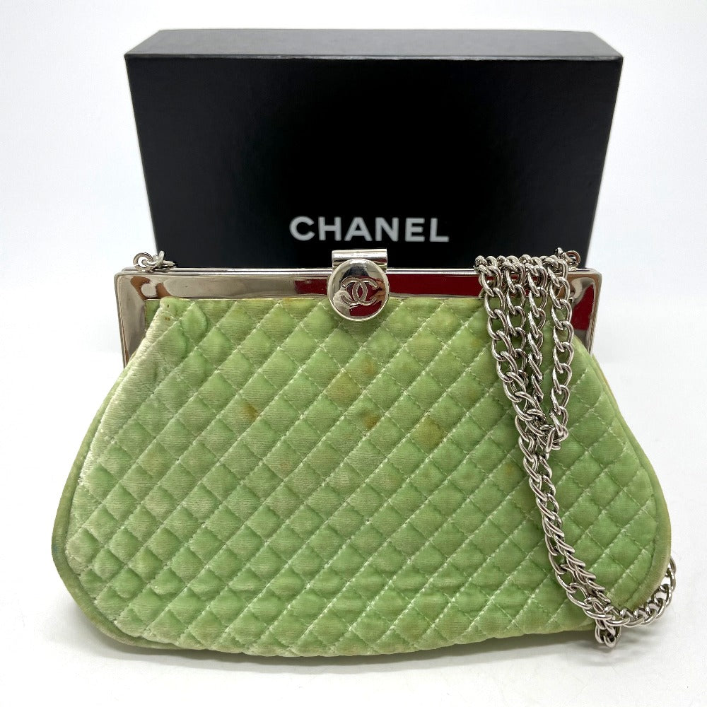 CHANEL Coco Mark Clasp Matelasse Chain Shoulder Bag, Velvet, Women's, Green with Silver Hardware