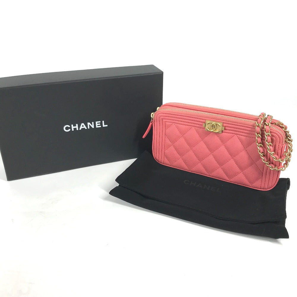 CHANEL A84069 CC Coco Mark Boy Chanel Coco Mark Shoulder Bag, Crossbody Long Wallet, Caviar Leather, Women's, Pink with Gold Hardware