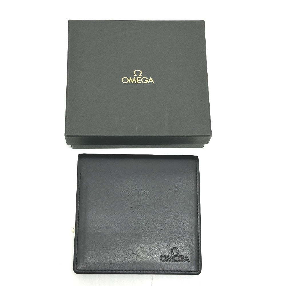 OMEGA ロゴ がま口 短財布 コンパクトウォレット ミニウォレット 2つ折り財布 レザー メンズ ブラック