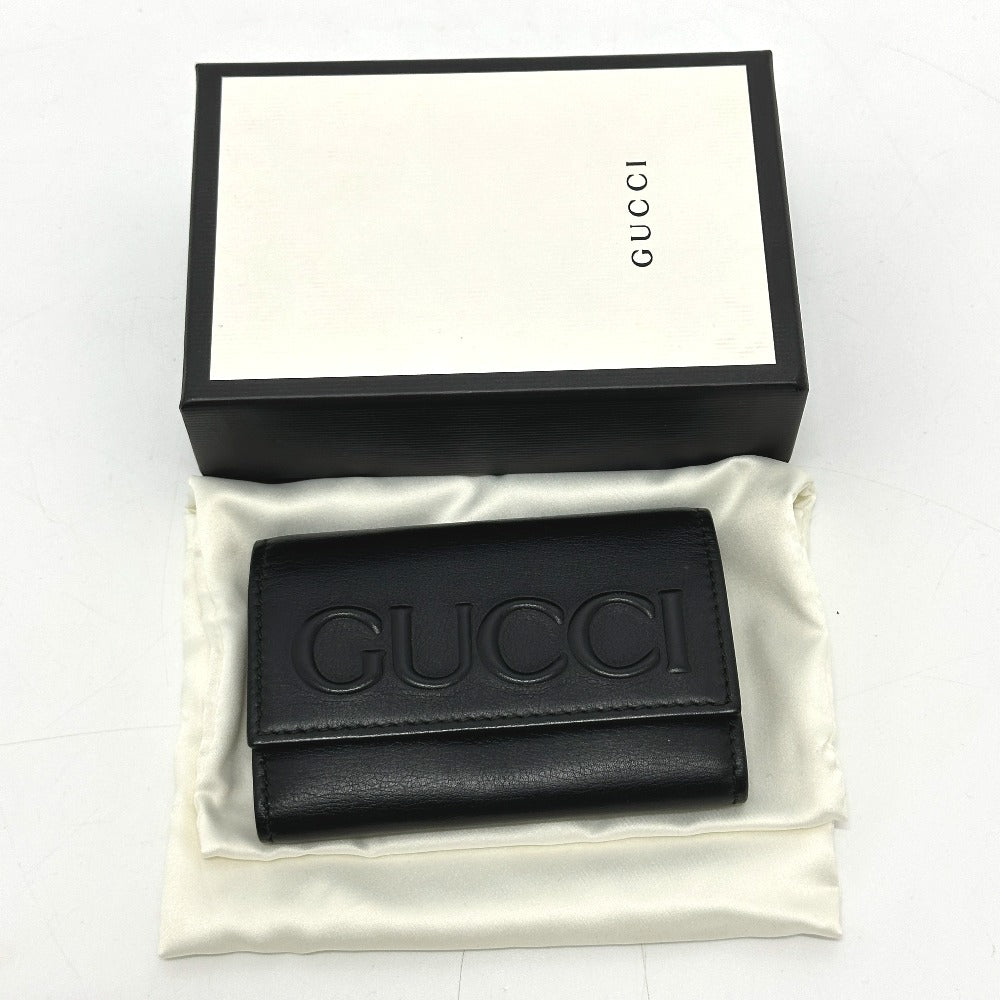 GUCCI 428781 エンボスロゴ キーホルダー キーリング 6連 キーケース レザー レディース ブラック