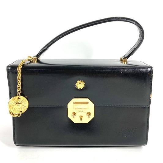 VERSACE ヴィンテージ サンバースト ロゴ バニティバッグ カバン フラップ チェーン ハンドバッグ レザー レディース ブラック