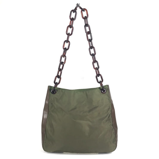 PRADA プラスチックチェーン カバン 肩掛け トートバッグ ショルダーバッグ レザー/ナイロン ユニセックス カーキ