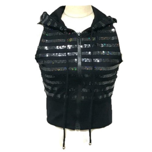 CHANEL 19C ジップアップ フード付き アパレル ベスト スパンコール レディース ブラック