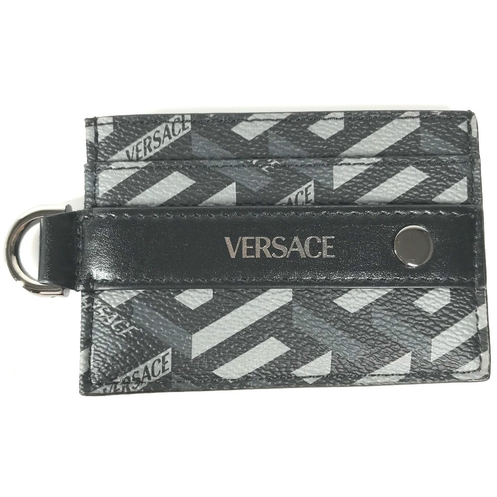 VERSACE Dリング付き ロゴ 名刺入れ パスケース カードケース レザー メンズ ブラック