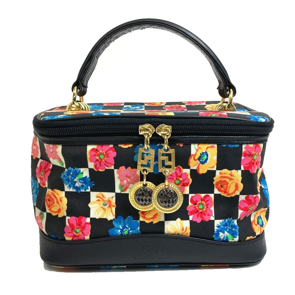 VERSACE Floral Print Handbag Vanity Bag in Nylon/Leather, Black and Multicolor