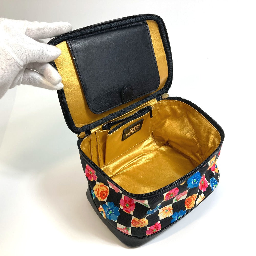 VERSACE Floral Print Handbag Vanity Bag in Nylon/Leather, Black and Multicolor
