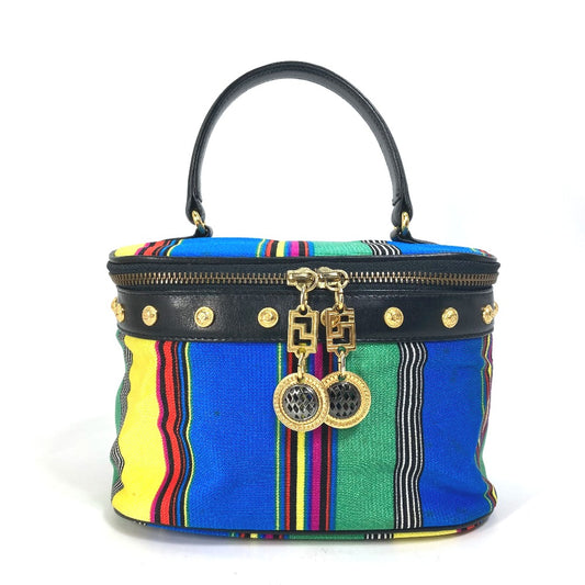 VERSACE ヴィンテージ ストライプ ミラー付き ハンドバッグ ポーチ バニティバッグ キャンバス/レザー レディース マルチカラー