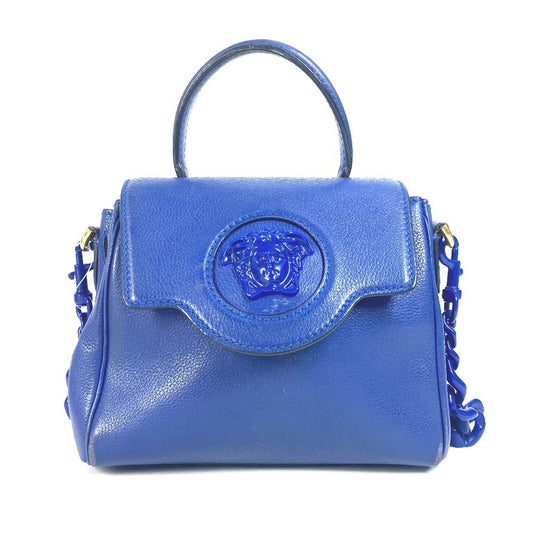 VERSACE メデューサ ロゴ 2WAY チェーン ショルダーバッグ 肩掛け ハンドバッグ レザー レディース ブルー