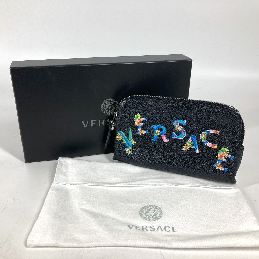 VERSACE ロゴ 大き目 財布 小銭入れ ラウンドファスナー コインケース レザー ユニセックス ブラック