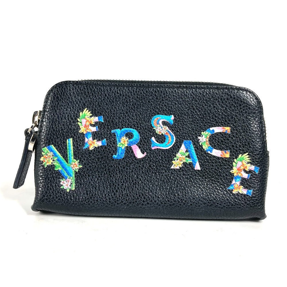 VERSACE ロゴ 大き目 財布 小銭入れ ラウンドファスナー コインケース レザー ユニセックス ブラック