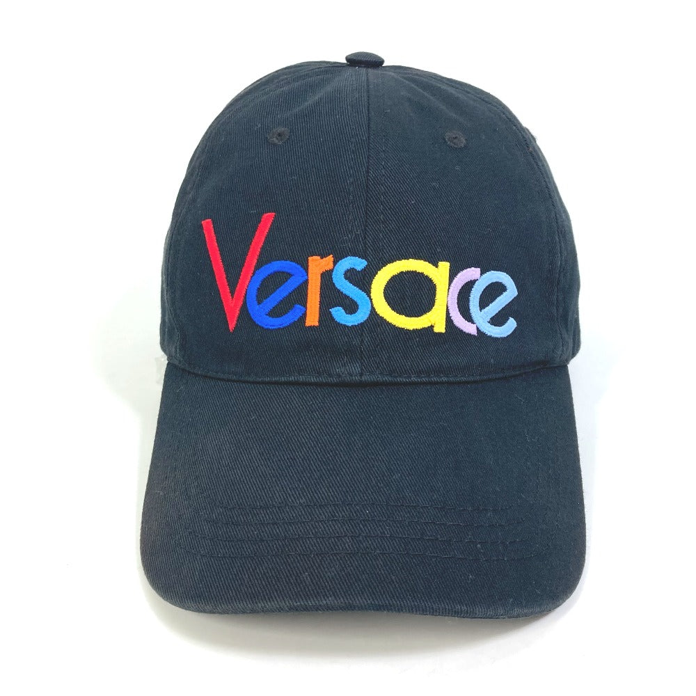 VERSACE Men's Black Cotton Baseball Cap with Rainbow Logo Embroidery