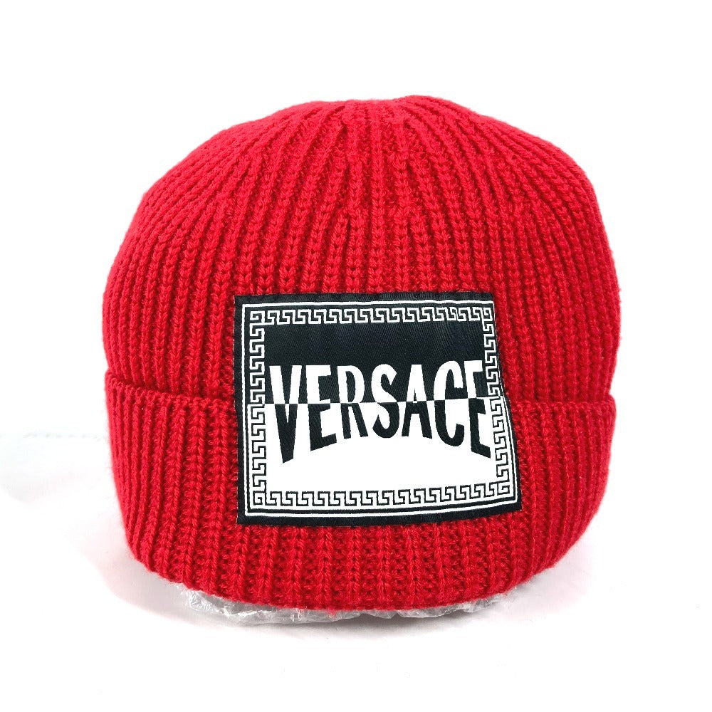 VERSACE ロゴ ビーニー 帽子 ニット帽 ニットキャップ ニット帽 ウール ユニセックス レッド