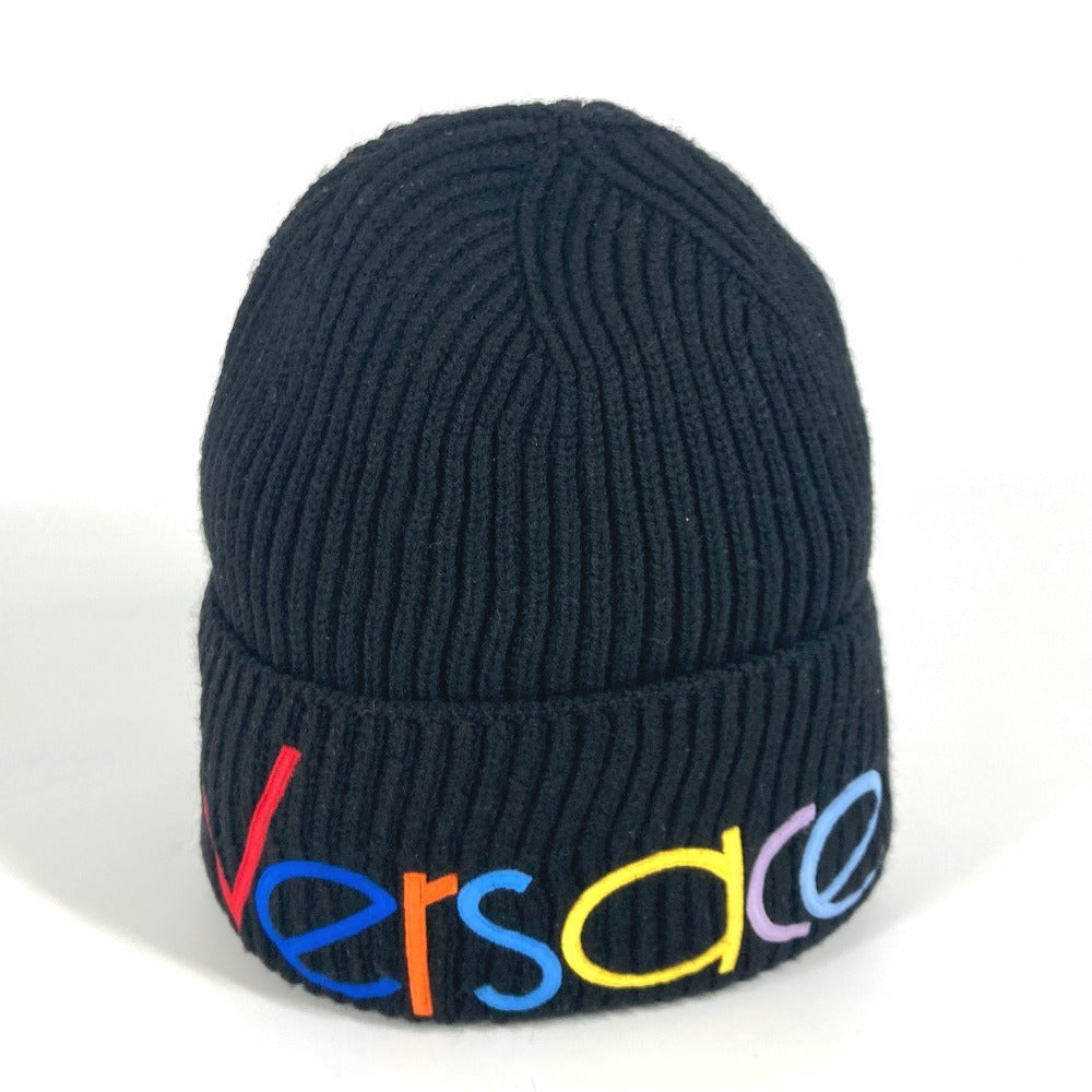 VERSACE ロゴ レインボー ビーニー 帽子 ニット帽 ニットキャップ ニット帽 ウール レディース ブラック
