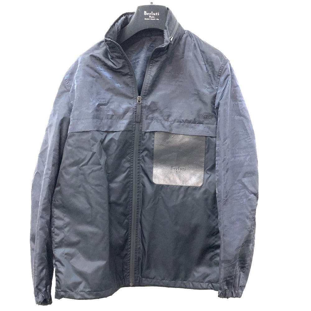 Berluti Men's Navy Nylon Zip-Up Hoodie with Calligraphy Print
