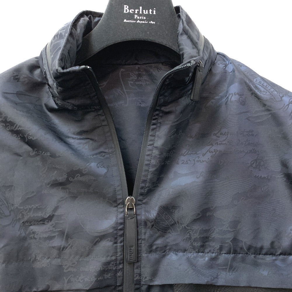 Berluti Men's Navy Nylon Zip-Up Hoodie with Calligraphy Print