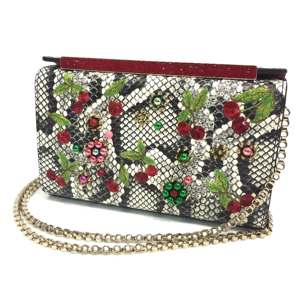 Christian Louboutin Cherry Print Studded Party Bag, Chain Shoulder Bag, Leather, Women's, Multicolor, White