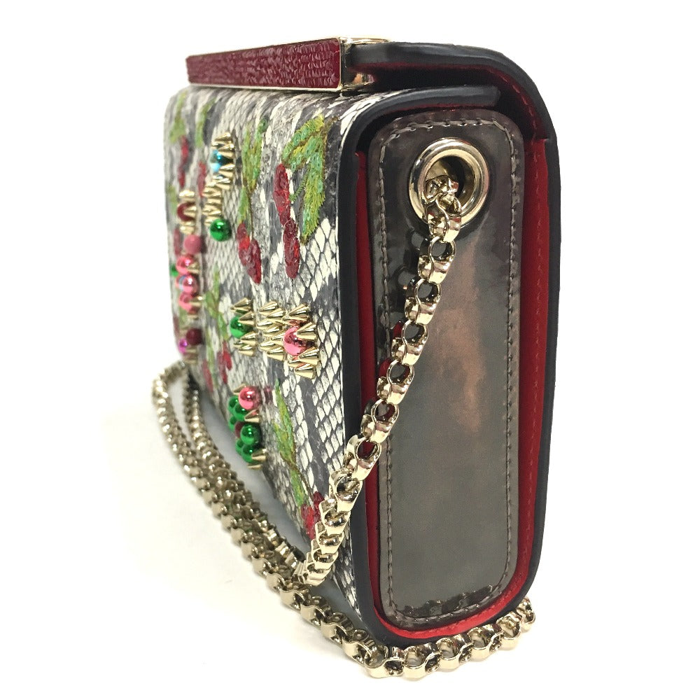 Christian Louboutin Cherry Print Studded Party Bag, Chain Shoulder Bag, Leather, Women's, Multicolor, White