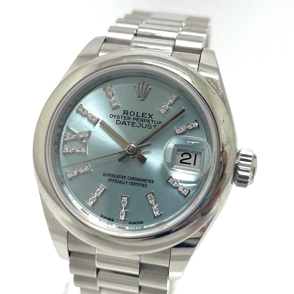 ROLEX 279166 Oyster Perpetual Datejust Automatic Ice Blue Roman Dial Diamond Watch Pt950 Women's Silver