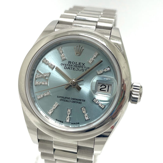 ROLEX 279166 Oyster Perpetual Datejust Automatic Ice Blue Roman Dial Diamond Watch Pt950 Women's Silver