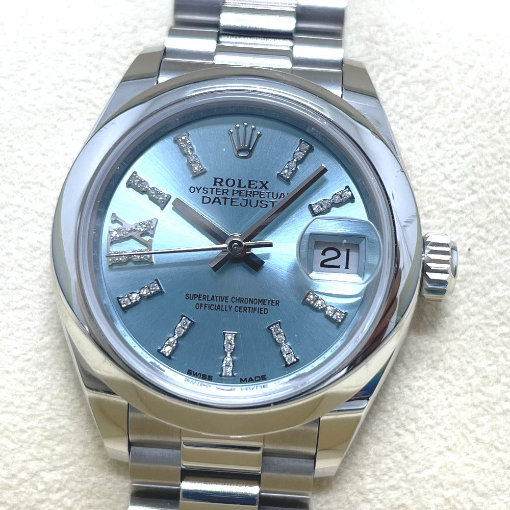 ROLEX 279166 Oyster Perpetual Datejust Automatic Ice Blue Roman Dial Diamond Watch Pt950 Women's Silver